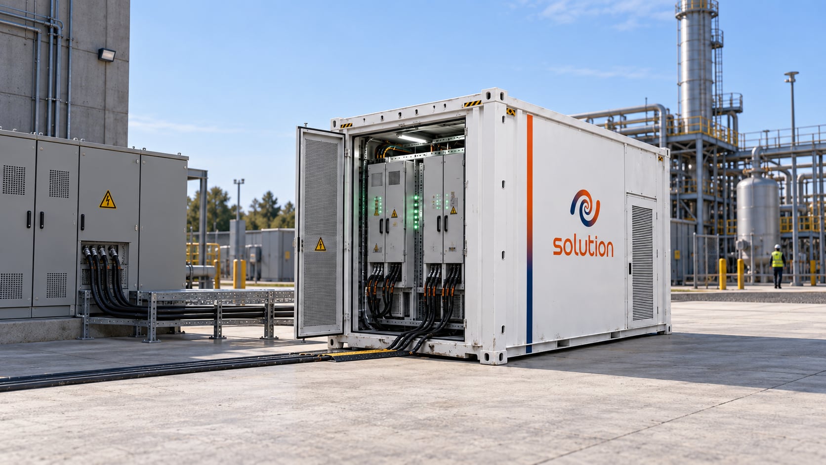 Container EMSS Solution com a porta aberta mostrando os módulos de bateria acesos e os cabos ligados ao quadro, ao lado de uma planta industrial em dia de sol.