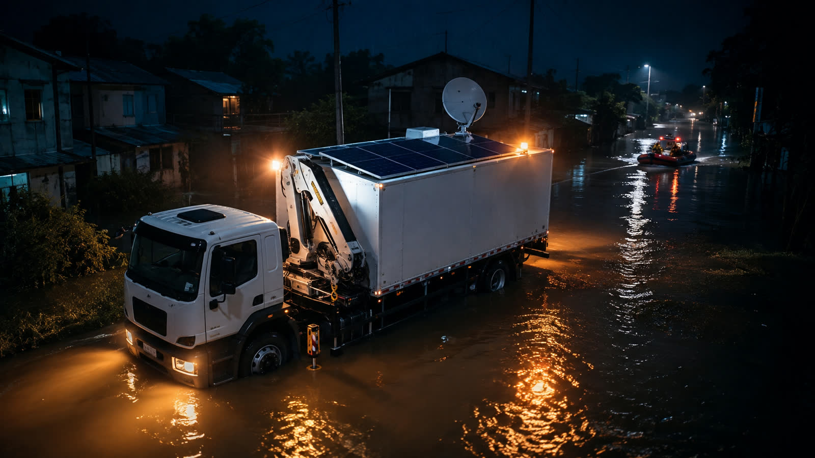 Unidade móvel EMSS operando numa área alagada à noite.