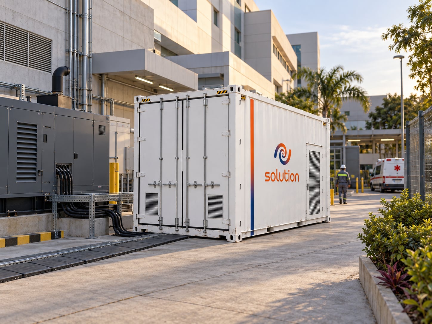 Container EMSS Solution instalado no pátio técnico de um hospital, ao lado do gerador, com os cabos seguindo para o prédio.
