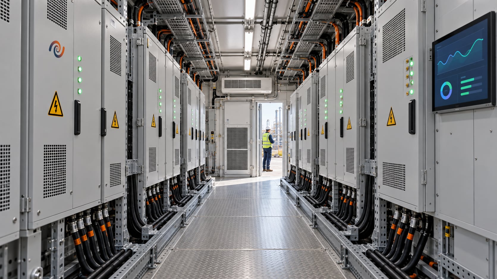 Corredor interno do container EMSS: gabinetes de bateria dos dois lados com LEDs verdes acesos, cabos ligados por baixo, climatização ao fundo e tela de monitoramento na parede.