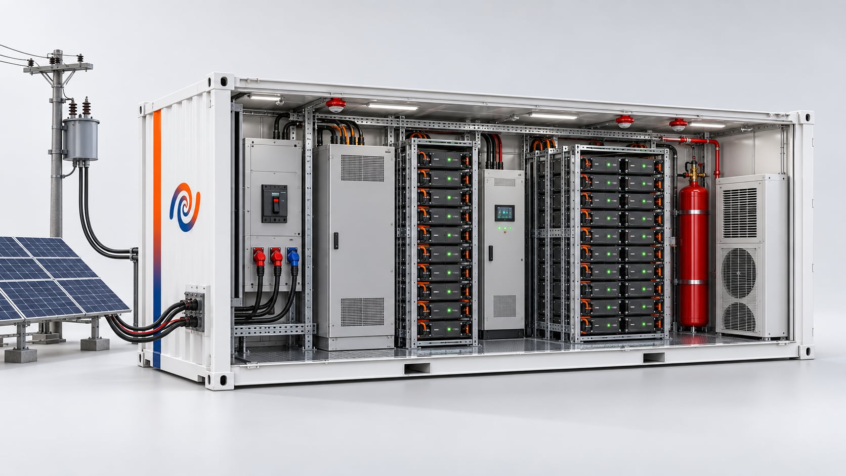 Ilustração em corte do container EMSS Solution: entrada da rede e dos painéis solares, quadro com tomadas, inversor, BMS, dois racks de baterias, cilindro de combate a incêndio e climatização.