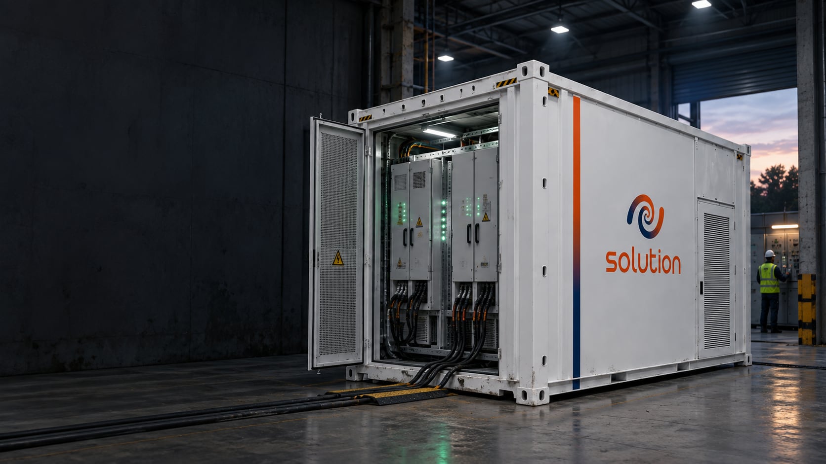 Container branco EMSS Solution aberto, com módulos de bateria acesos e cabos ligados ao quadro, num galpão industrial ao anoitecer.