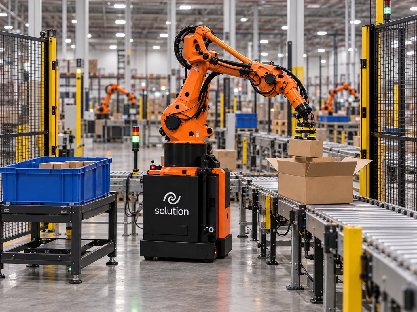 Célula robotizada da Solution: braço robótico laranja sobre base preta colocando um produto numa caixa de pedido aberta sobre a esteira, com um cesto azul ao lado e outras células ao fundo.