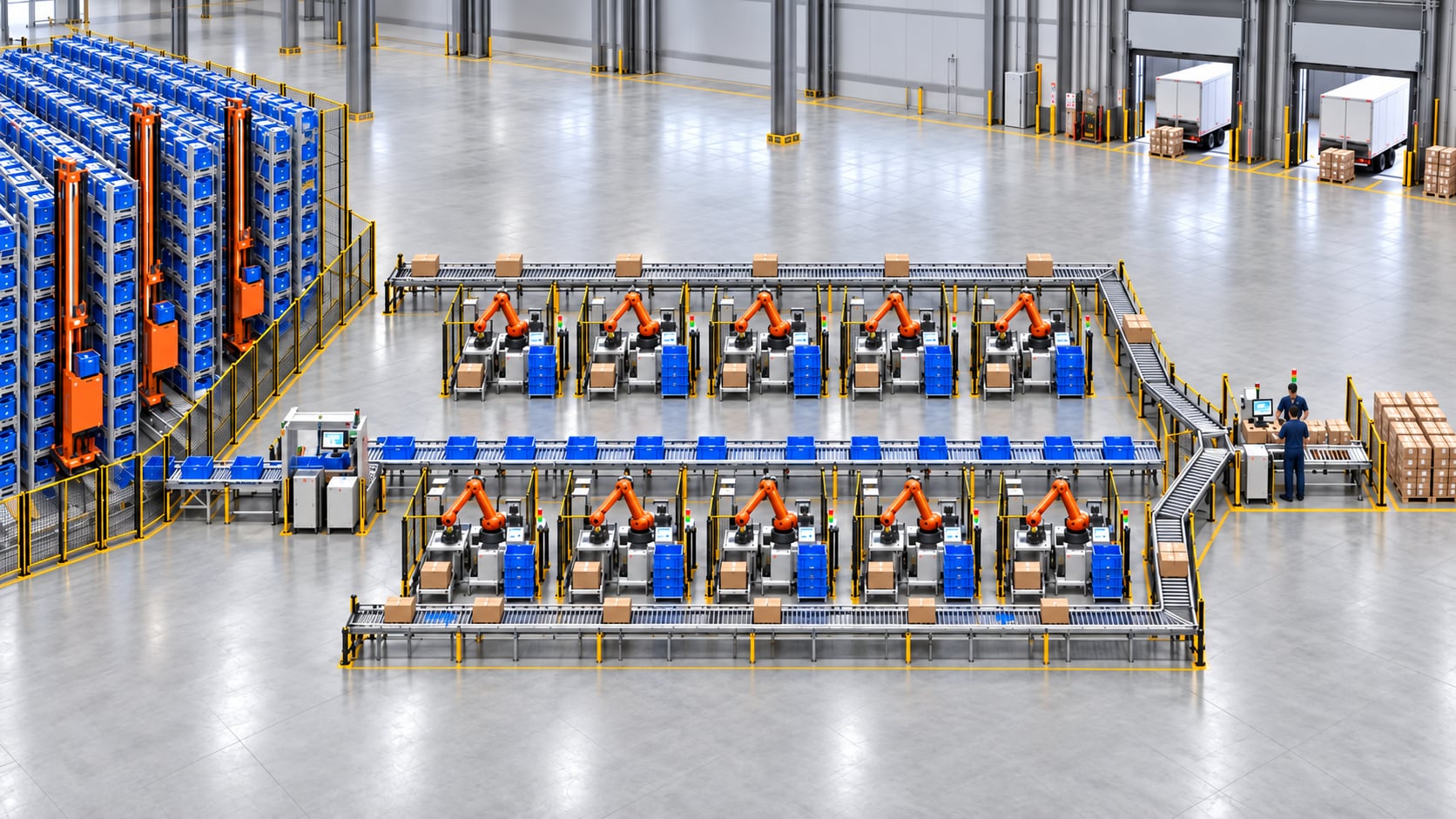 Ilustração de um centro de distribuição com picking e sorter automatizado: estoque atendido por robôs, portal de leitura 3D, esteira principal, duas fileiras de células com braços robóticos, caixas vazias junto das células e área de conferência e expedição junto às docas.