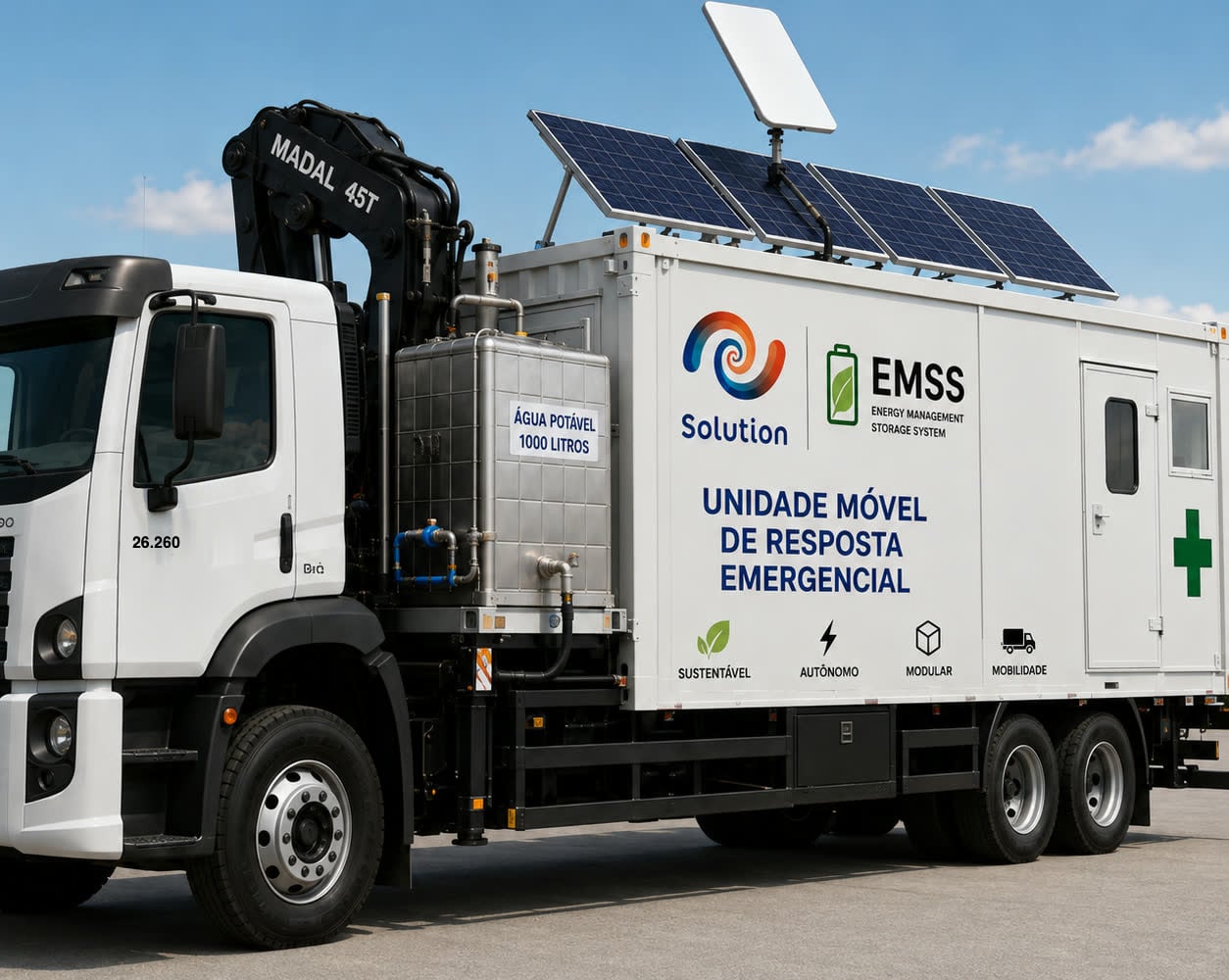 Caminhão da unidade móvel EMSS Solution: munck Madal 45T, reservatório de 1.000 litros de água potável, painéis solares e antena de satélite no teto do container.