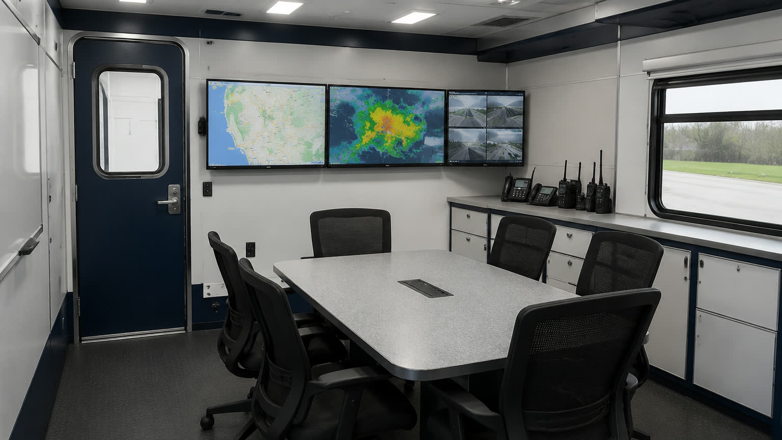 Sala de apoio e monitoramento dentro do container: mesa de reunião, três telas com mapas e câmeras, telefones e rádios.