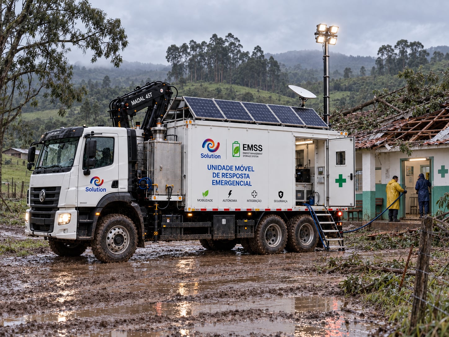 Caminhão da unidade móvel EMSS Solution numa estrada de terra na zona rural depois de um temporal, com a porta lateral aberta, mastro de iluminação erguido e um cabo levando energia a um posto de saúde com o telhado danificado.